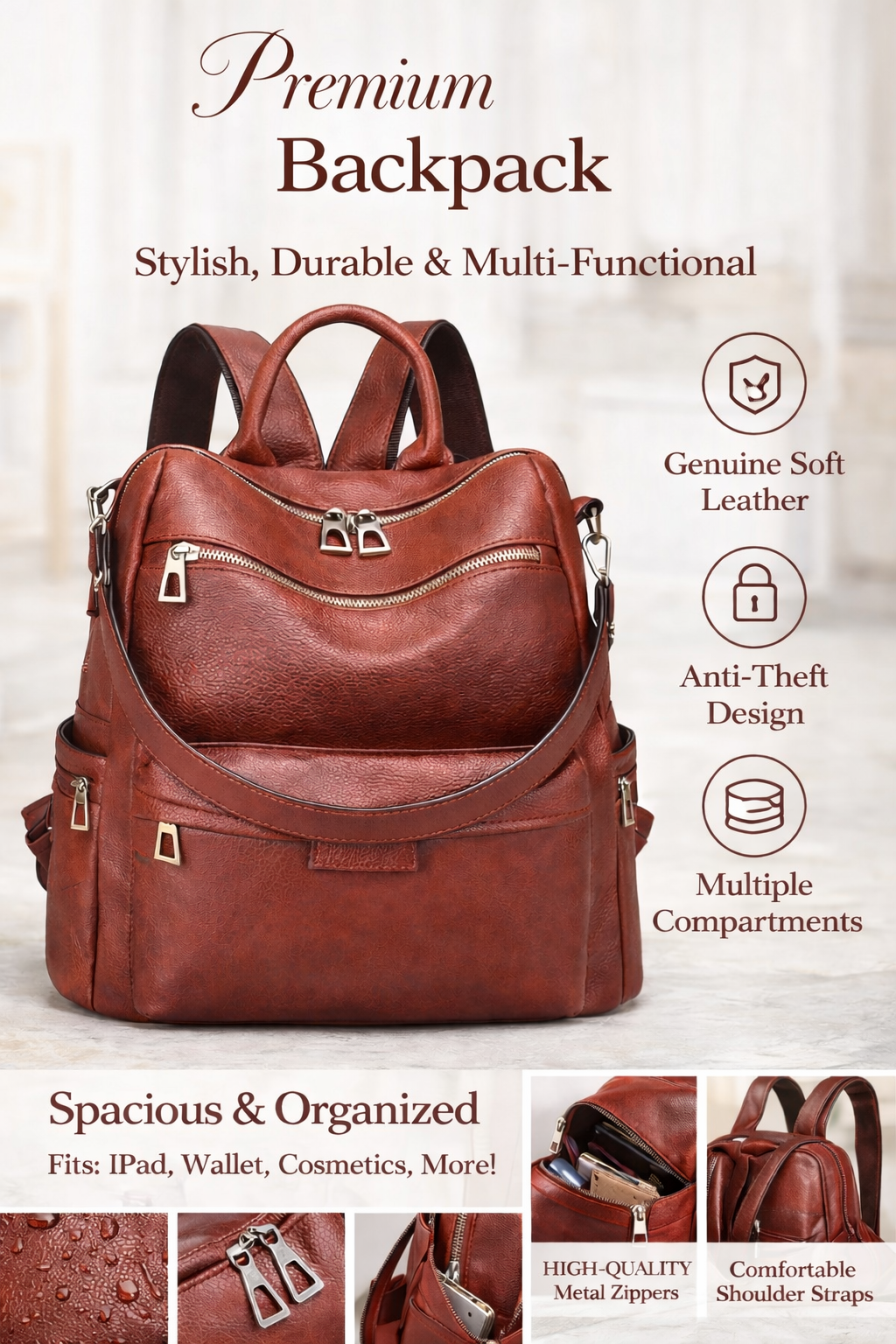 Premium Brown Women’s Backpack Stylish